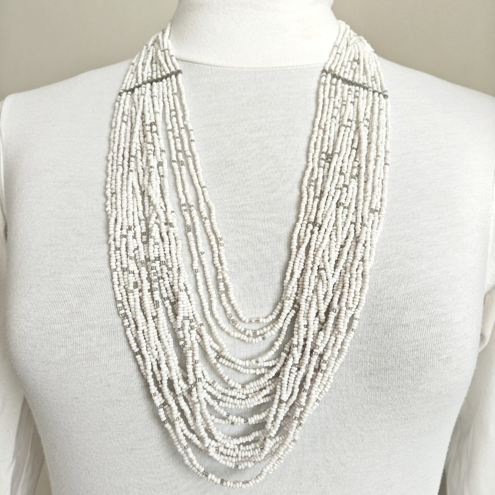 White Multi Strand Seed Bead Waterfall Bib Necklace Silver Tone Adjustable Clasp